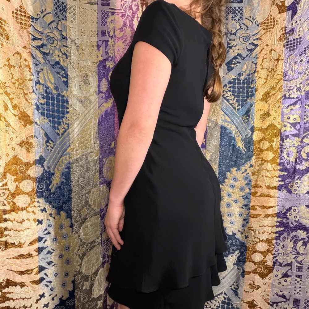Vintage 90's Little Black Dress Beaded Ruffle Hem Knee Length Structured Size S - Picture 15 of 16